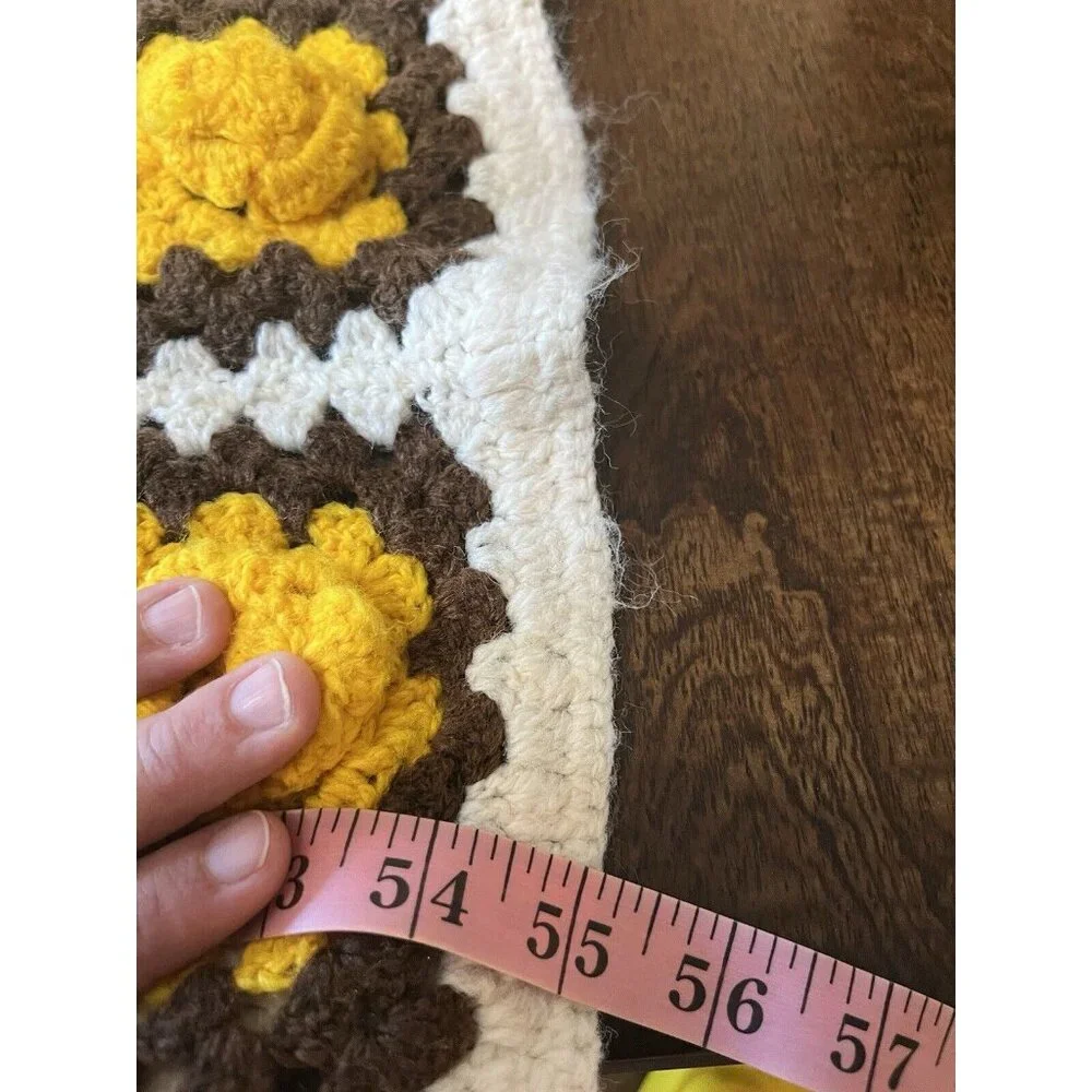 Handmade Crochet‎ Knit Floral Granny Square Blanket Yellow Brown White 55”x42”